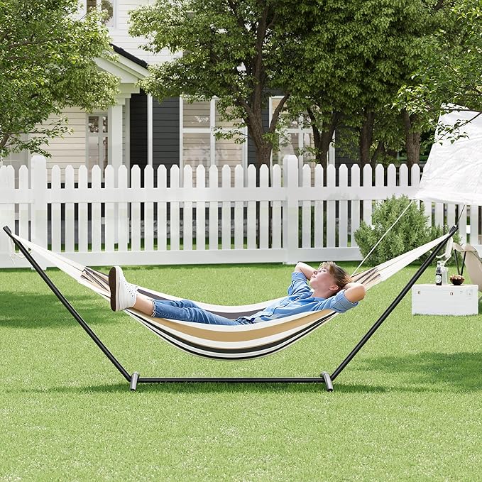 Double Hammock with Stand - Heavy Duty 450lbs Capacity, Portable Cotton Hammock for Two Adults, Indoor & Outdoor Use with Travel Bag(Coffee)