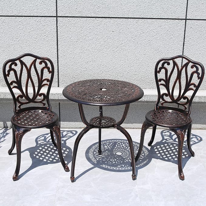 3 Piece Bistro Set,Outdoor Patio Set,Anti-Rust Cast Aluminum Bistro Table Set for Park Yard Front Porch Furniture(New Brown)…