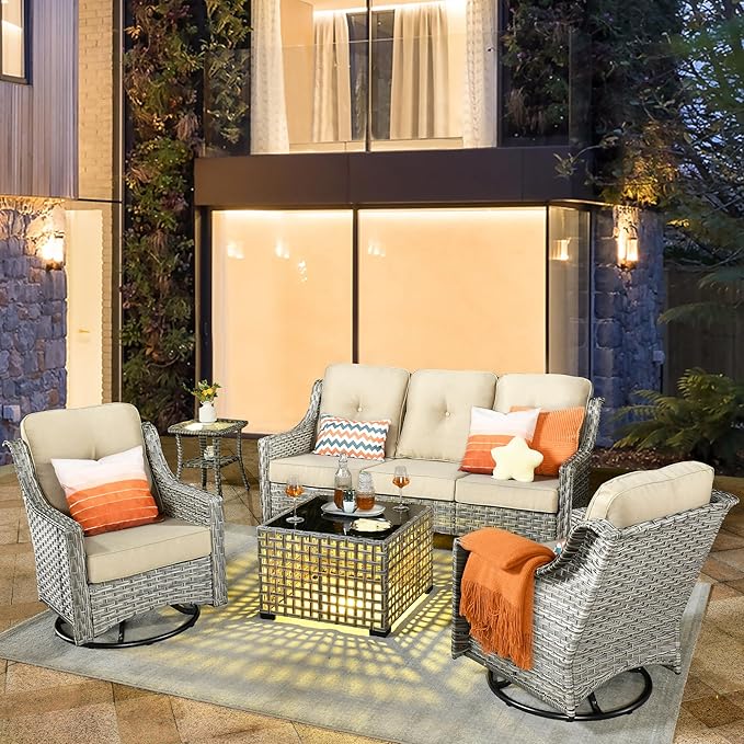 HOOOWOOO Patio Furniture Set,5 Pieces Wicker Outdoor Furniture,High Back Conversation Set with All Weather Resistant Solar Light Table Couch Swivel Chairs,Beige Tan