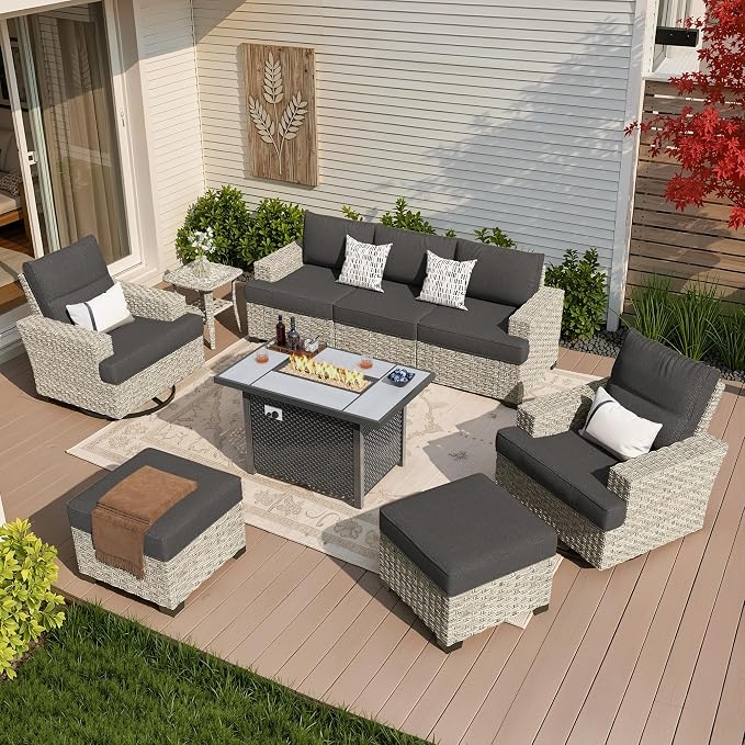Weaxty 9 Pieces Wide Seats Outdoor Furniture Set, Sectional Couch Swivel Rocking Chair Ottoman Fire Pit Table, Thick Cushion All-Weather Rattan Patio Conversation Sets for Backyard Deck, Black