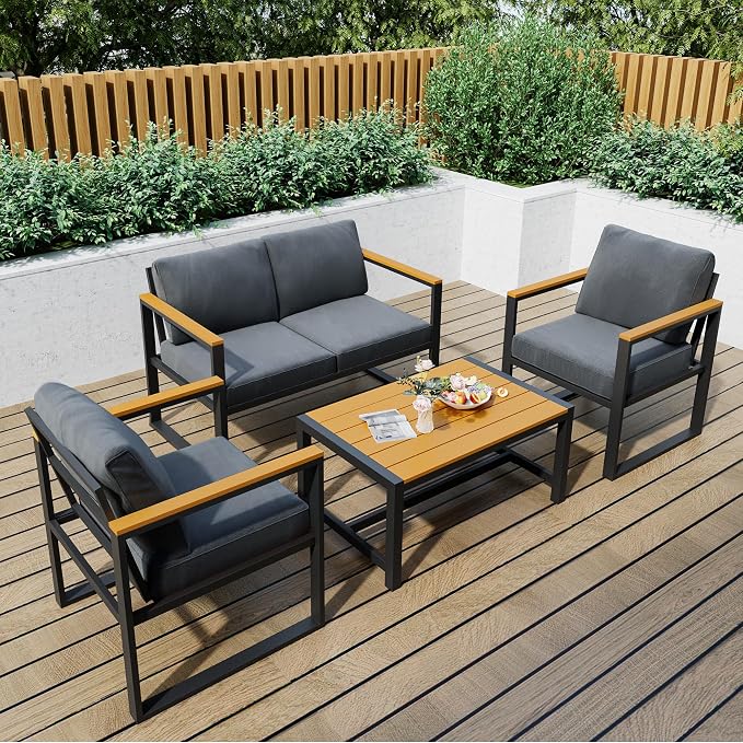 Pamapic 4 Pieces Outdoor Patio Furniture Set, Modern Metal Balcony Furniture with Plastic-Wood Coffee Table, All-Weather Patio Conversation Set with Thick Cushion for Balcony, Porch, Gray