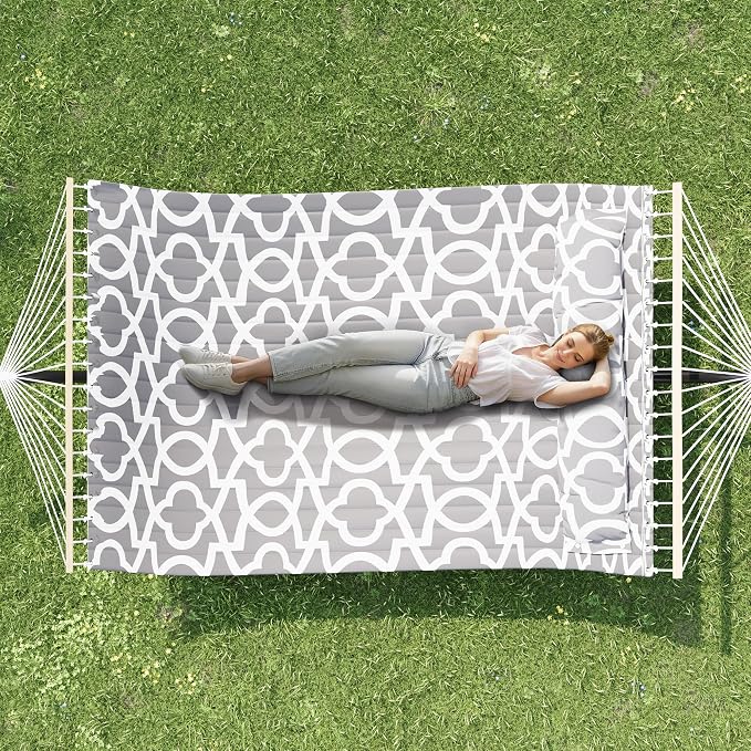 Double Hammock with Stand, Outdoor Freestanding Hammock for Two People, Max 475lbs Capacity, Heavy Duty Steel Frame, Quilted Pillow & Portable Carry Bag, Easy Assembly, Light Gray Geometric Patterns