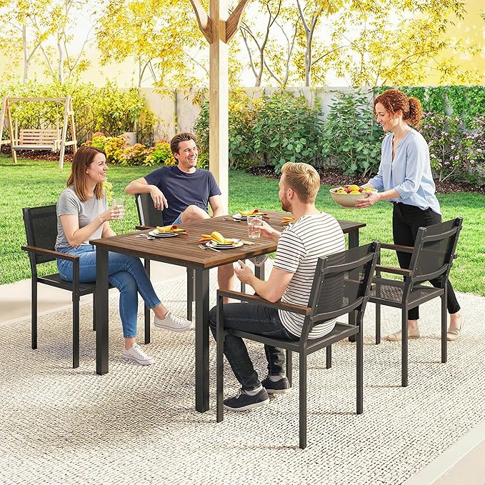 Outsunny 5 Piece Outdoor Dining Set, Outdoor Table and Chairs for 4, 59" Rectangular Acacia Wood Tabletop and 352 LBS Mesh Stackable Chairs, Patio Set for Garden, Backyard, Deck, Teak