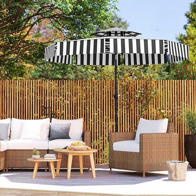 Outsunny 8.6FT Patio Umbrella, UPF 30+ Outdoor Market Umbrella, 2-Tier Vented Patio Table Umbrella with Crank 8 Ribs, Tiltable Porch Umbrella for Garden Deck Poolside, Black