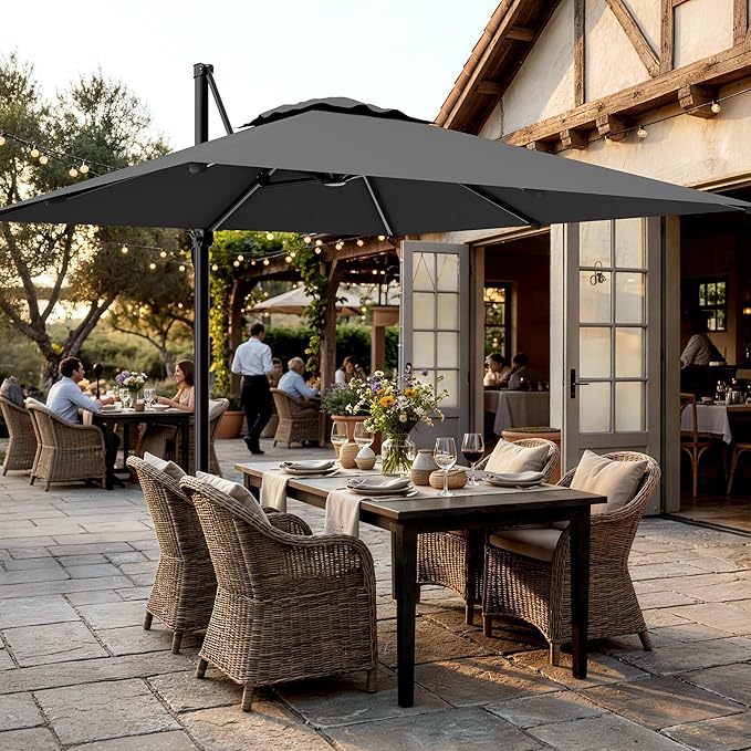 AreShark 9 × 9FT Square Cantilever Patio Umbrella with Base Included, 360° Rotation Offset Outdoor Umbrella, 5 Tilt Settings Heavy Duty Hanging Parasol for Deck Garden Pool, Grey