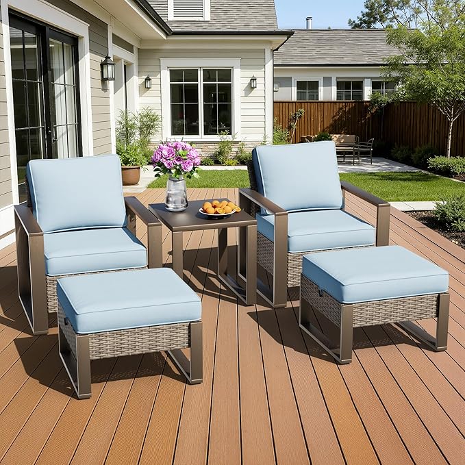 5 Pieces Metal Wicker Patio Furniture Set - Two Armchairs and Two Ottomans, One Side Table, All Weather Rattan Outdoor Conversation Furniture with Washable Cushion for Deck Porch, Baby Blue