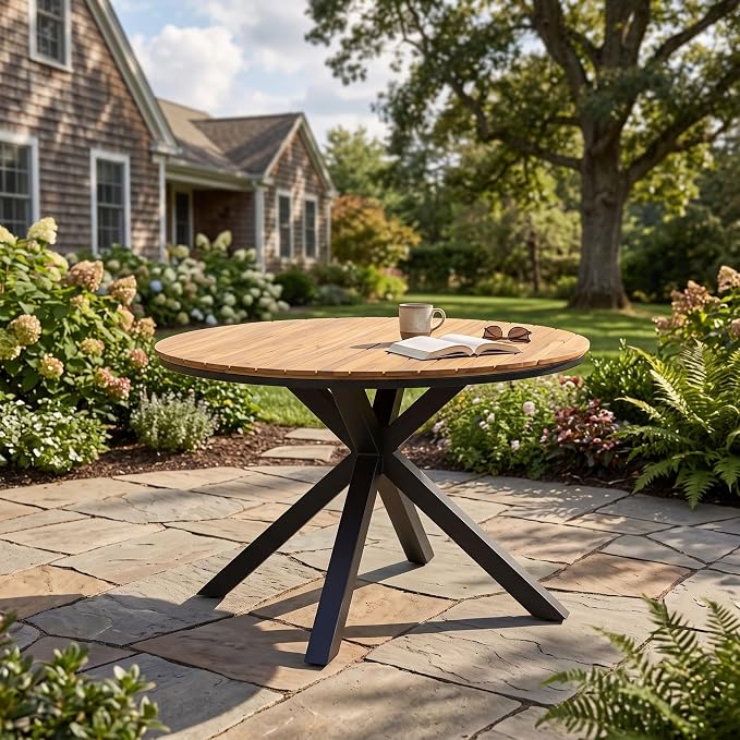 Merax 45" Round Outdoor Patio Dining Table Teak Acacia Wood Tabletop and Black Metal Leg, Modern Industrial Style Patio Dining Table