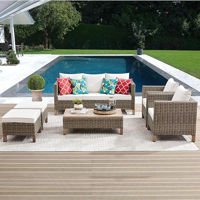 Patio Furniture Set Sectional Sofa with Metal Top Coffee Table, 6 Pieces Conversation Set Hand Woven Wicker Outdoor Furniture for Garden, Patio, Poolside, Porch Reinforced Rattan Sofa (Beige)