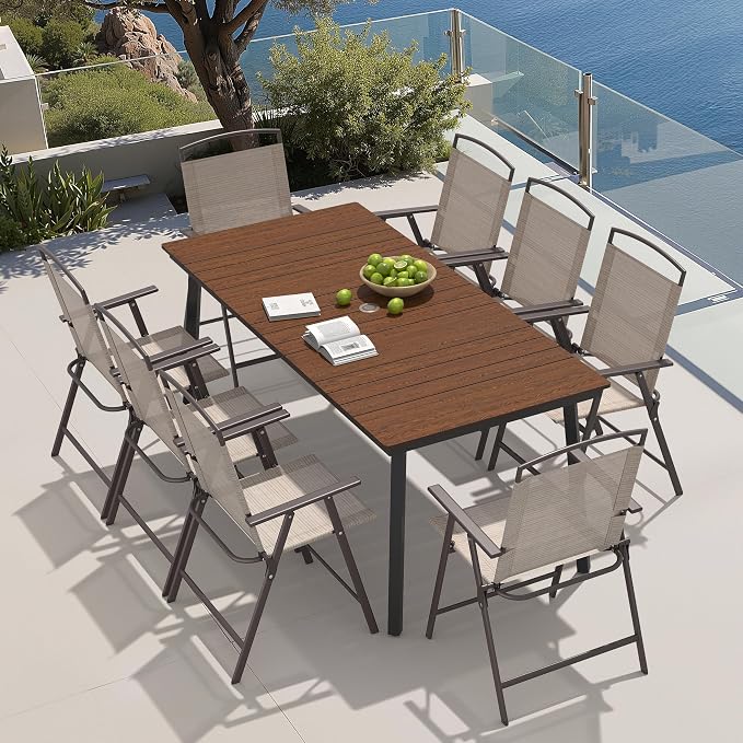 Crestlive Products 9 Piece Patio Dining Set, 70" Walnut Metal Outdoor Table and 8 Folding Chairs, with Umbrella Hole for Porch Poolside Yard Garden, Beige