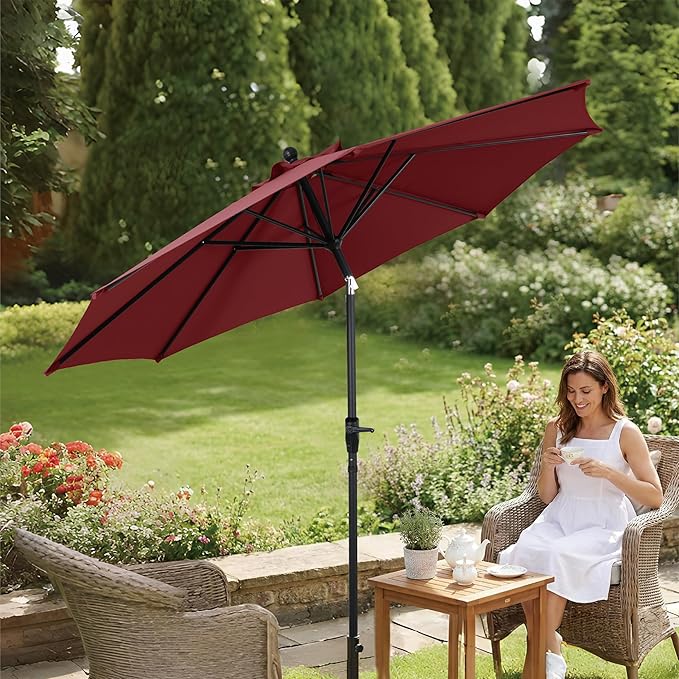 9FT Outdoor Patio Umbrella with Crank Lift & Auto Tilt - Market Umbrella, 8 Heavy-Duty Ribs, UV Resistant & Water-Repellent for Garden, Deck, Poolside & Backyard