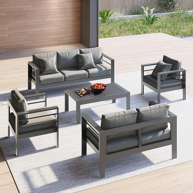 FansaFurn All-Weather Aluminum Outdoor Coffee Table, Modern Rectangle Patio Coffee Table for Balcony Garden, Deep Grey