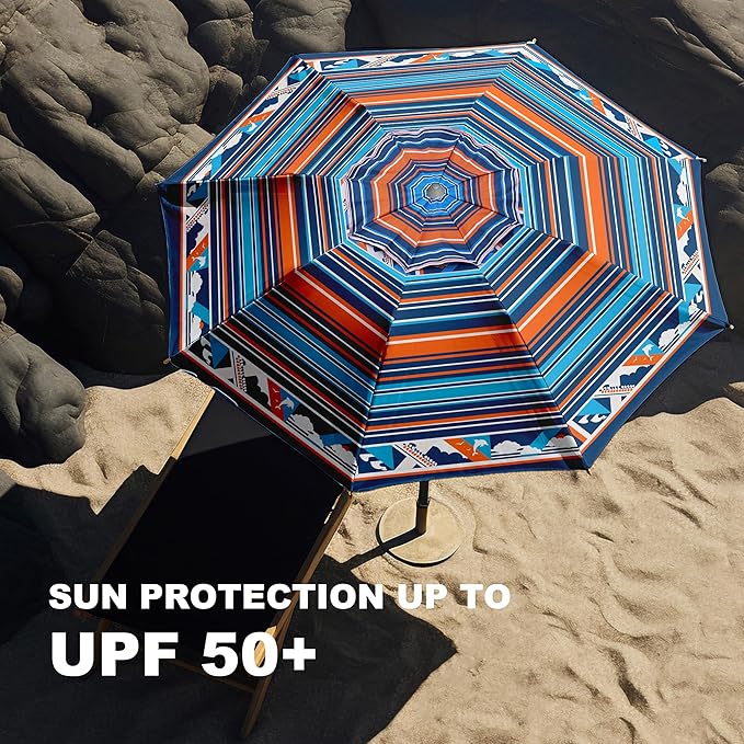 AMMSUN 7ft Heavy Duty High Wind Beach Umbrella Parasols with sand anchor & Tilt Sun Shelter, UPF 50+ Protection Outdoor Sunshade Umbrellas Carry Bag for Patio Garden Pool Backyard Multicolor