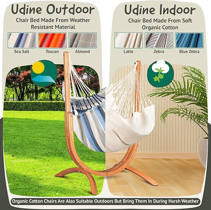 LA SIESTA® - Udine Weather Resistant Hammock Chair with Wooden Stand - Handmade, Tear-Resistant Hammock Chair for Outdoor Relaxation - FSC Certified Eucalyptus Hammock w/Stand for Outside - Toucan