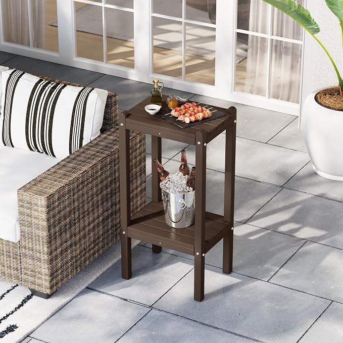 Costaelm Outdoor Side Table, 2-Tier Small Patio Coffee Tables for Outside, Outdoor End Tables for Patio, Adirondack Side Table for Outside, Outside Table for Pool, Porch, Garden, Dark Brown