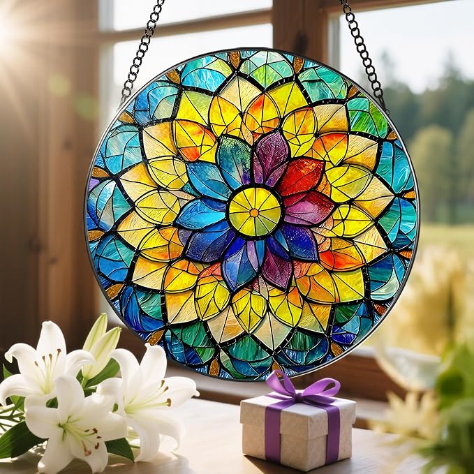 8'' Rainbow Mandala Sun Catcher Ornament, Stained Glass Window Hanging, Sun Catchers for Windows Hanging Ornaments, Window Decor, Ideal Gift | Colorful Spiritual Gifts for Her