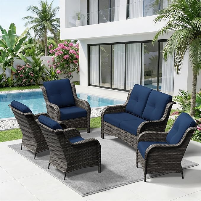 5 Piece Outdoor Wicker Patio Furniture Set, Patio Chairs Set with Thickened Olefin Cushions, High Back and Deep Seating, Hand-Woven PE Rattan for Porch, Deck