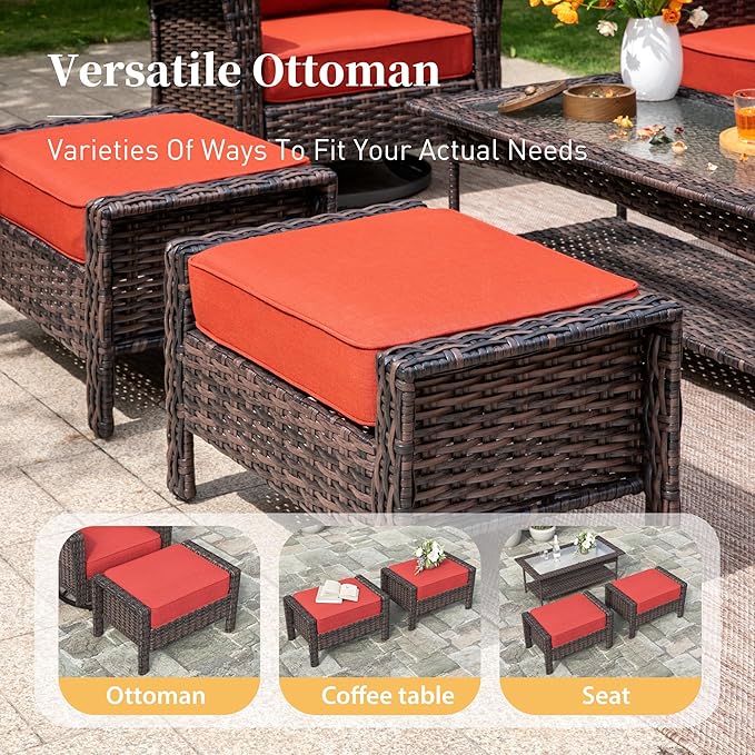 Patio Furniture Set with Swivel Chairs, High Back Wicker Rattan Furniture with 5.5" Thick Cushions, Fire Pit Table and Ottomans, All Weather Outdoor Conversation Set for Backyard Deck,9 Seats, Red