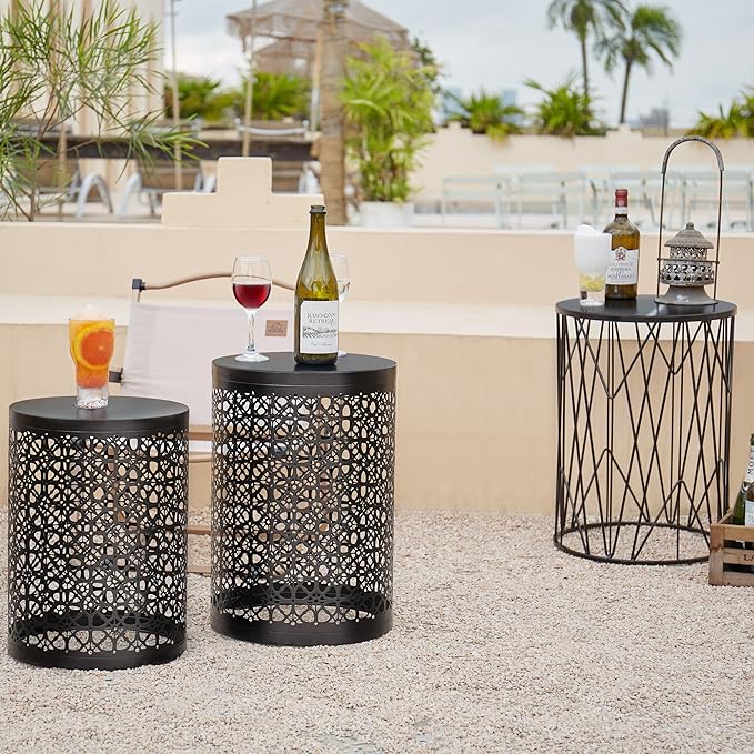 Y&M Outdoor Side Tables, Set of 3 Metal Stacking Patio Side Tables for Outside, Round Indoor End Tables, Coffee Accent Poolside Tables for Patio Garden Balcony, Black