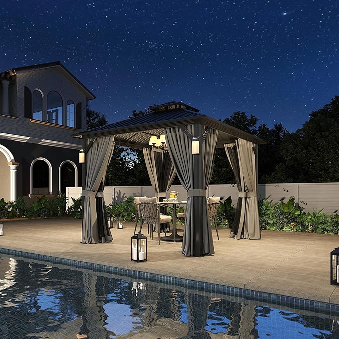 Aoxun 10'x10' Hardtop Gazebo with 4 LED Lights, Outdoor Gazebo with Galvanized Steel Double Roof, Patio Gazebo with Breathable Netting & Privacy Curtain, Decor Hooks for Backyard, Gray