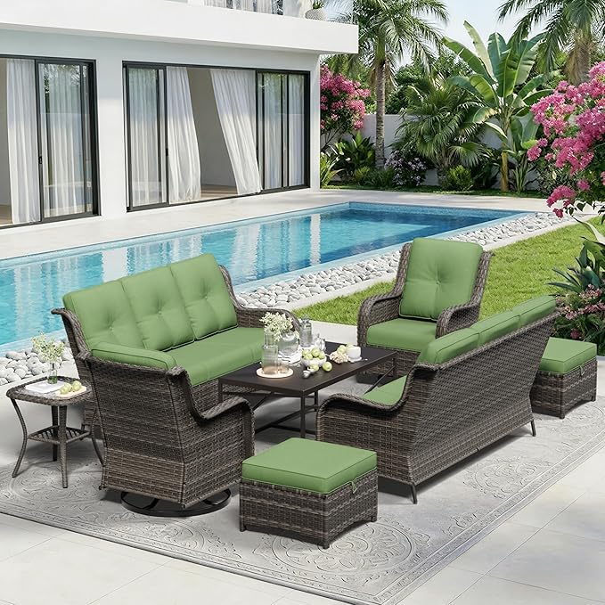 8 Piece Outdoor Wicker Patio Furniture Set, Outdoor Swivel Rocker Patio Chairs Set with Thickened Olefin Cushions, High Back and Deep Seating, Hand-Woven PE Rattan for Porch, Deck