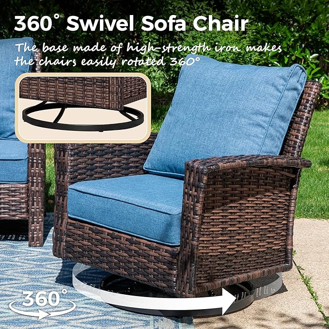 4-Piece Wicker Patio Furniture Set with Swivel Chairs, High Back Outdoor Sofa with 5.5-inch Thick Cushion, All-Weather Wicker Patio Conversation Set for Deck Yard Pool, Navy Blue