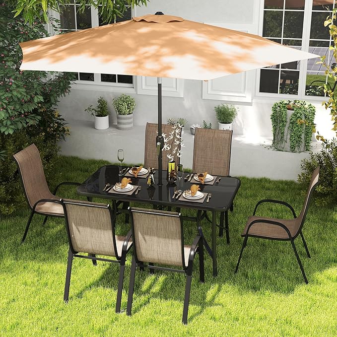 Outsunny 8 Pieces Patio Table and Chairs Set with 9 Ft Patio Umbrella, Outdoor Dining Set with 4.6 Ft Dining Table and 6 Chairs, Push Button Tilt and Crank Parasol, Tempered Glass Top, Mixed Brown