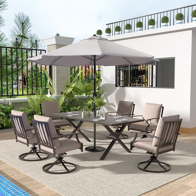 Gotland 7 Piece Outdoor Dining Set, Metal Outdoor Table and Swivel Chairs with X-Shaped Legs 1.5" Umbrella Hole, Patio Furniture Set with Waterproof Cushions, Patio Dining Sets for Backyard Deck Khaki
