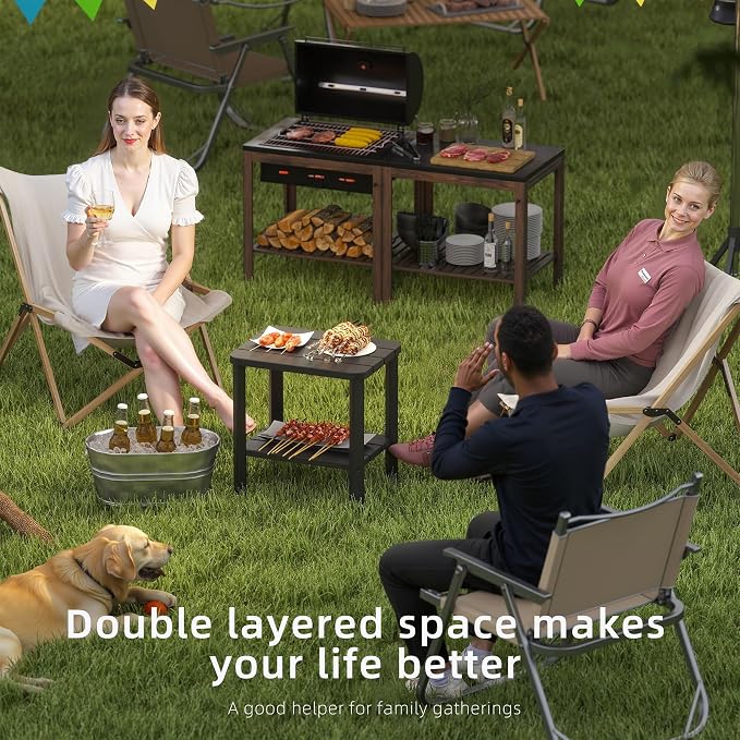 EasyUp Outdoor Side Table & End Table, 2-Tier Waterproof Resin Patio Table, Square End Table with Shelf for Porch, Balcony, Garden, All-Weather Black Outdoor Side Table for Lounge Chairs