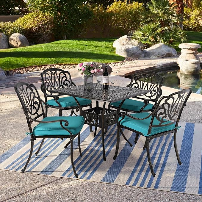 VIVIJASON 5-Piece Outdoor Patio Dining Set, All-Weather Cast Aluminum Conversation Set, Patio Furniture Set Include 4 Cushioned Chairs, a 35.4" Square Table w/Umbrella Hole, Ocean Blue Cushion