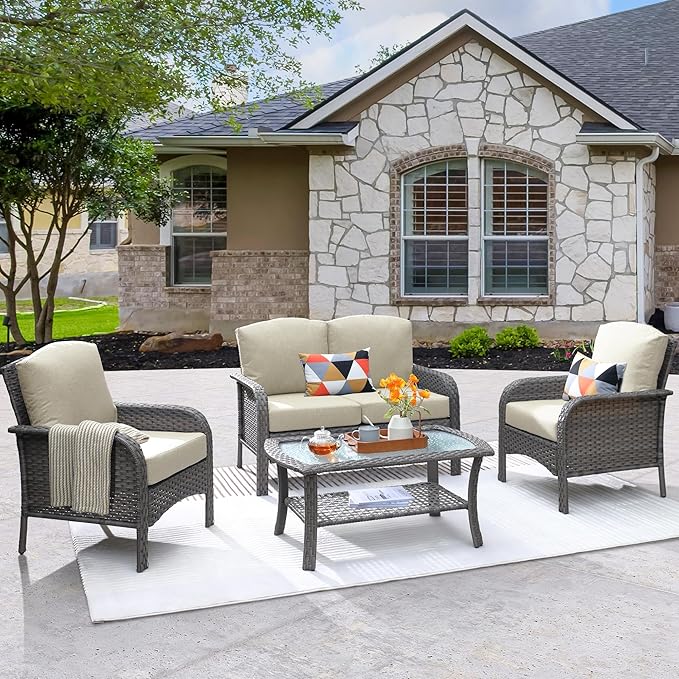 ovios 4-Piece Patio Furniture Set, Outdoor Wicker Sofa with Chairs Coffee Table, High Back Rattan Couch Loveseat with Comfy Cushions for Porch Yard Deck, Beige