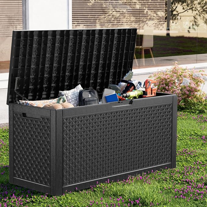 Deck Box Large Outdoor Storage for Patio Furniture,Outdoor Cushions,Garden Tools and Pool Supplies,Waterproof,Resin,Lockable (Black, 110 Gallon)