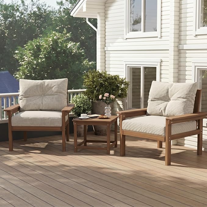 HDPE Outdoor Patio Furniture Set, 10-Piece Patio Conversation Set with 3-Seat Sofa, 4 Armchairs, 2 Side Tables & 1 Coffee Table, All-Weather Outdoor Sofa Set for Deck, Porch, Garden (Teak Frame)