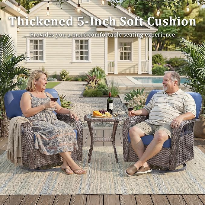 3 PCS Patio Swivel Rocking Chairs Set, Outdoor Wicker Furniture with 5-Inch Thick Olefin Cushions & Rattan Side Table, 360° Swivel Rocker Chairs for Garden, Porch, Backyard, Blue/Brown Wicker