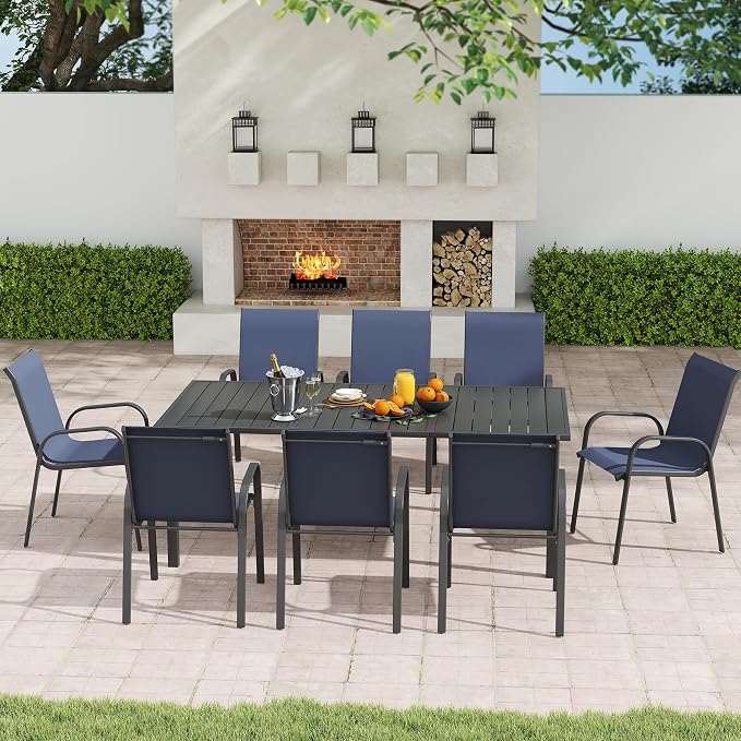 Outdoor Dining Set for 8, Patio Dining Set with Textilene Dining Chairs, Metal Dining Table with Umbrella Hole, Stackable Outdoor Chairs for Garden, Patio, Poolside and Backyard, Navy Blue