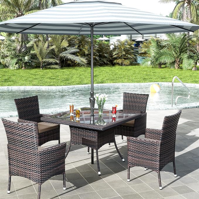 5 Pieces Outdoor Patio Dining Set,Patio Table and Chairs Rattan Outdoor Patio Furniture Set with Umbrella Hole,Dining Table Set for 4 with Chairs for Backyard,Garden and Kitchen,Brown