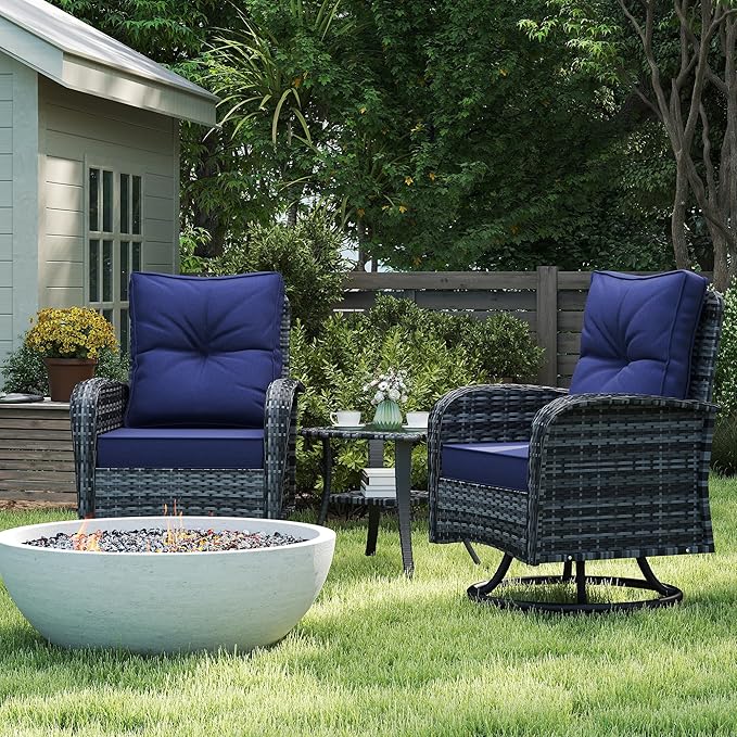 Kromax Outdoor Patio Furniture Set, All-Weather Wicker Swivel Glider Chairs Set of 2 with Coffee Table Table & Thick Machine Washable Cushions for Backyard, Garden, Porch, Grey/Blue