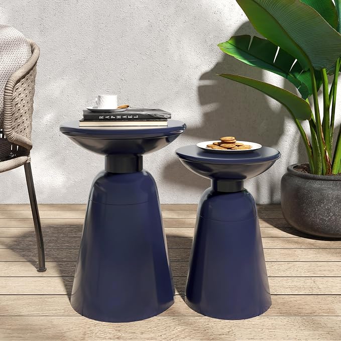 Merax Outdoor Iron Side Tables Set of 2 (15"x21", 12"x17") Modern Art Flared Design Weather Resistant End Table for Indoor Outdoor Patio Backyard Pool (Navy Blue)