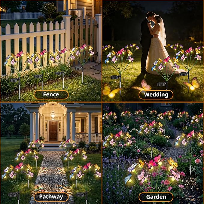 Solar Butterfly Lights Outdoor, 4 Pack 32 LED Solar Garden Lights Waterproof, 2 Modes Solar Powered Outdoor Light for Outside Patio Pathway Yard Lawns Landscape Party Decorations
