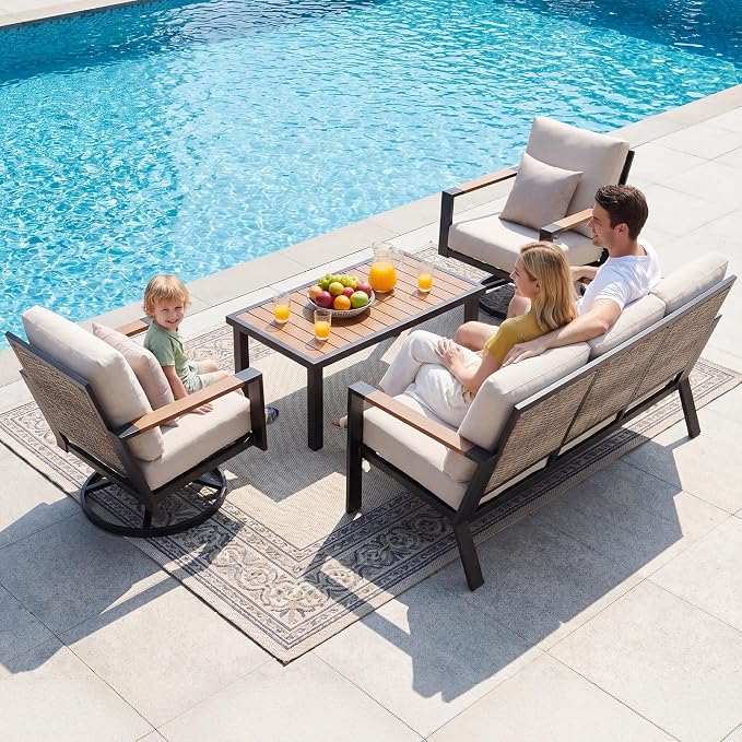 Natural Expression Patio Furniture Set, 4 Piece Metal Outdoor Conversation Set with 2 Swivel Rocker, 3-seat Sofa, Handwoven Wicker Back & Fauxwood Tabletop, 3" Wide Arm with 6" Cushion for Porch, Yard