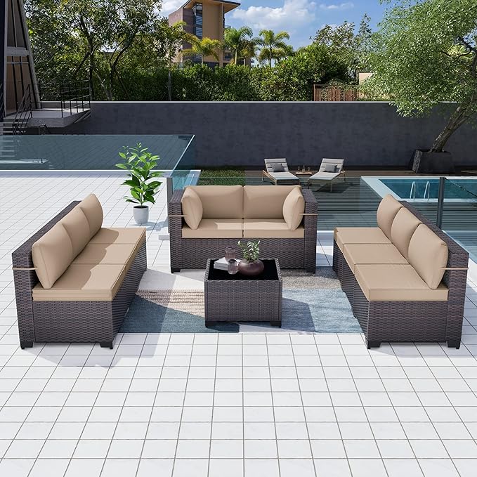 Patio Furniture Set 9pcs Outdoor Furniture for Backyard Sectional Sofa Set, Wicker Rattan Outdoor Conversation Set with 4 Inch Thickened Cushions and Coffee Table, Sand