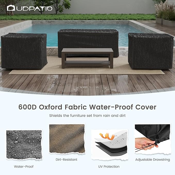 UDPATIO 4 Piece Faux Wood Aluminum Patio Furniture Set Modern Patio Conversation Set with Coffee Table for Balcony, Backyard, Deck, 600D Waterproof Furniture Cover Included, Light Grey
