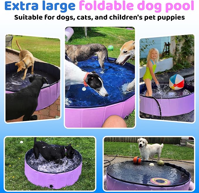 CACSPS 2025 Updated Foldable Dog Pool, 87" x 12" Kiddie Pool with Hard Plastic, Non-Slip Dog Bath Tub for Outdoor Backyard, Collapsible Dog Swimming Pool for Kids Dogs Pets (Pink)