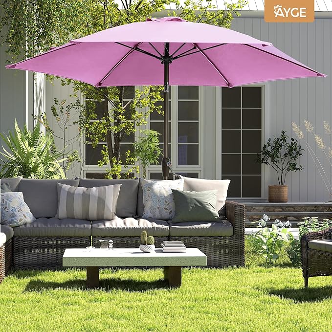 Ayge 7.5FT Large Outdoor Patio Umbrella Market Table Umbrella-UV Resistant, Easy Push Button Tilt and Crank, 6 Sturdy Fiberglass Ribs Heavy-Duty Pool Umbrella for Deck, Backyard,Garden, Yard,Purple