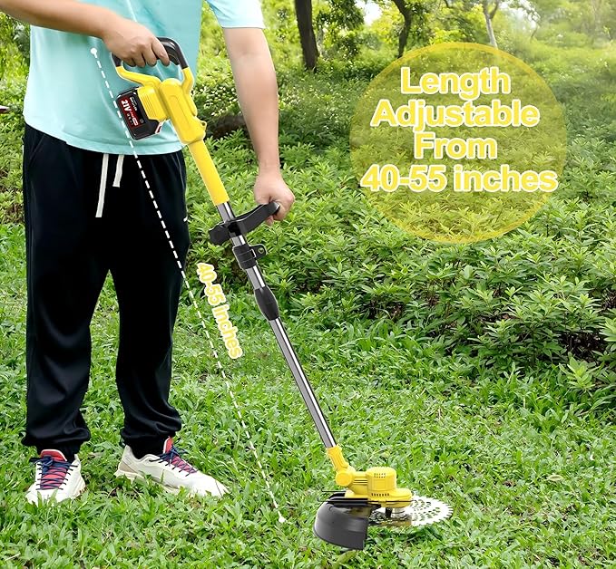 Electric Weed Wacker Cordless, Battery Powered Weed Eater String Battery, 21V Electric Weed Eater, for Lawn, Bush Trimming(with 2 x 4.0Ah Batteries and Fast Charger Included)(Huang)