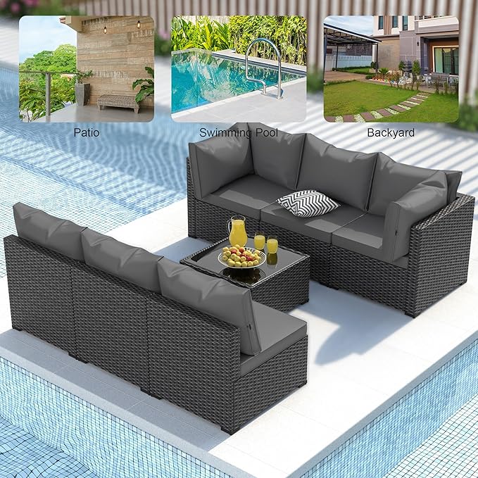 Patio Furniture Set, 7PCS Outdoor Sectional PE Rattan Patio Conversation Set w/Thickened Cushion Modular Wicker Patio Sofa Set w/Coffee Table for Balcony, Backyard(Grey)