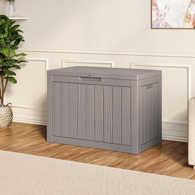 Outdoor Storage Box, 45 Gallon Resin Deck Boxes Outdoor Waterproof For Patio Furniture, Garden Tools, Pool Supplies, Lockable And UV Resistant (Striped Gray)