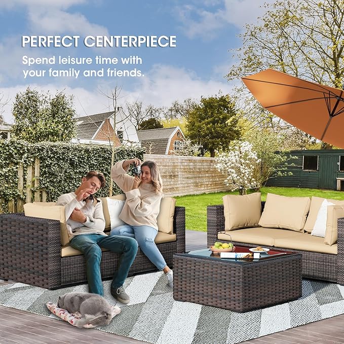 3 Piece Patio Furniture Set All Weather PE Rattan Outdoor Sectional Sofa Couch with No-Slip Cushions and Glass Top Table for Garden, Poolside, Backyard (Beige)