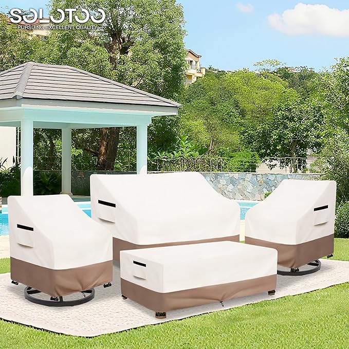 Patio Furniture Covers Waterproof, Heavy Duty 4-Piece Furniture Set Cover for Outdoor Couch, Lawn Chair, Coffee Table (Medium,Beige)