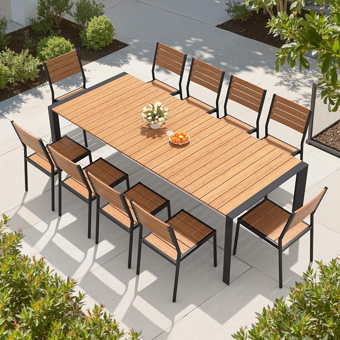 11 Pieces Outdoor Patio Dining Set, 95" Aluminum Table and Stackable Chairs | Adjustable Umbrella Hole & Wood Grain Tabletop for Garden, Patio, Backyard (Brown)