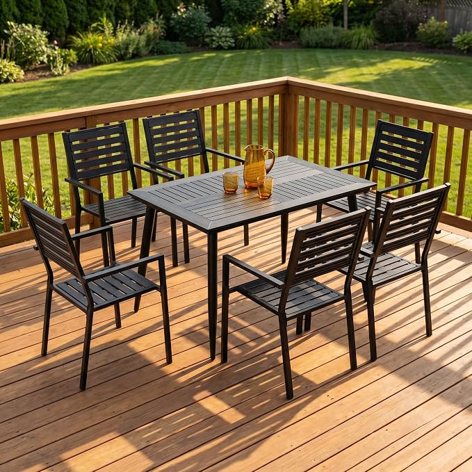 5 Piece Outdoor Dining Set All Weather Patio Dining Set with HDPE Wood-Like Tabletop, Rustproof Metal Outdoor Table and Chairs with 4 Stackable Chairs for Garden Backyard, Black